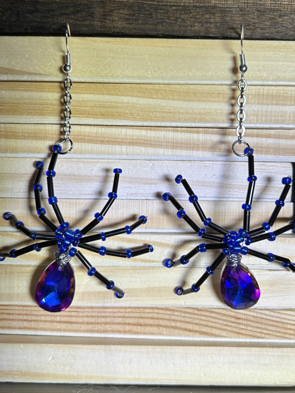 Dramatic Blue Crystal Spider Drop Earrings